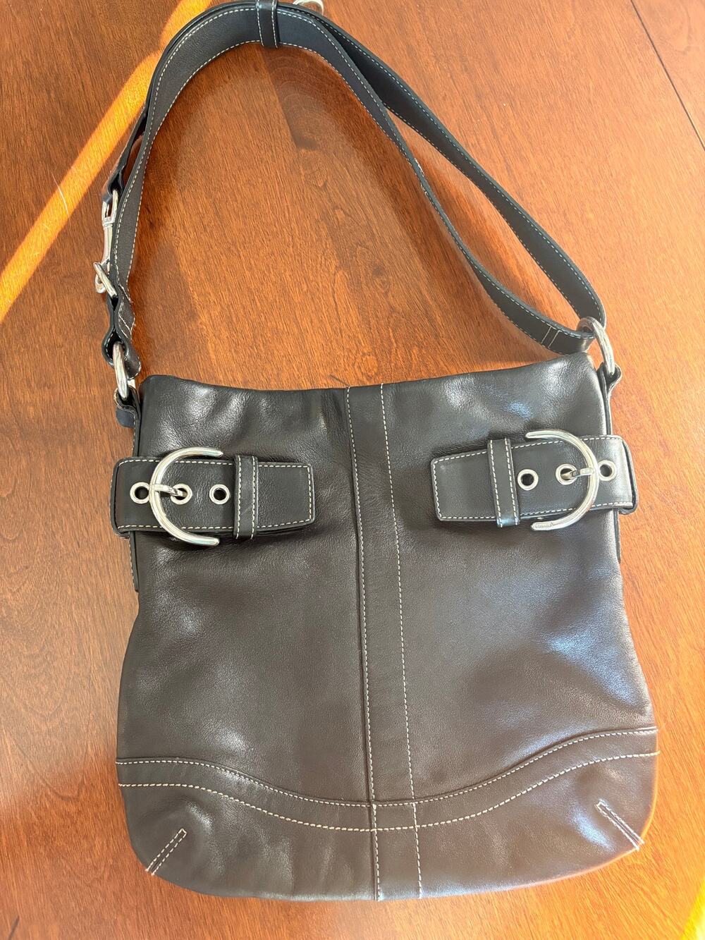Coach Black Leather Shoulder Bag Hobo Buckle Silver Hardware Adjustable Strap